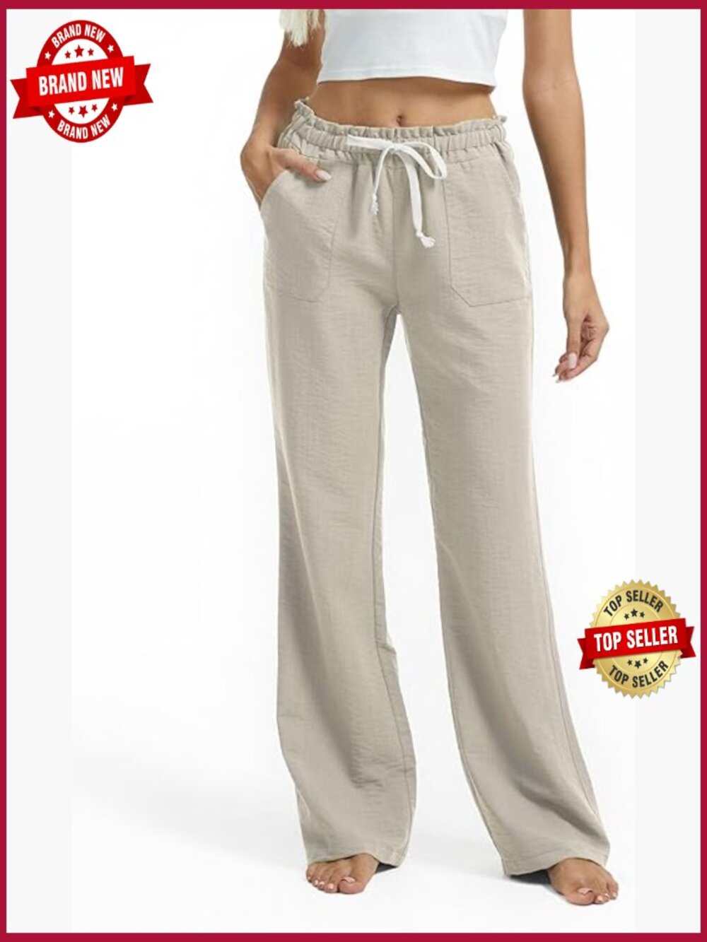 Tall Casual Linen Flare Pants 30-36 Inseam Smocked Waist Pockets